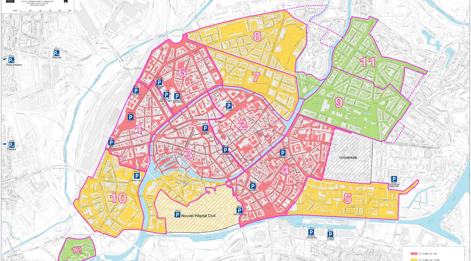 eine Karte der Straßburger Innenstadt, auf welcher die drei Parkzonen rot, gelb und grün markiert sind.                                                 